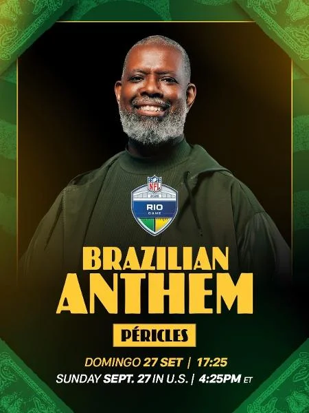 Cartaz de divulgação da escolha de Péricles para o Hino Nacional no NFL Rio Game 2026